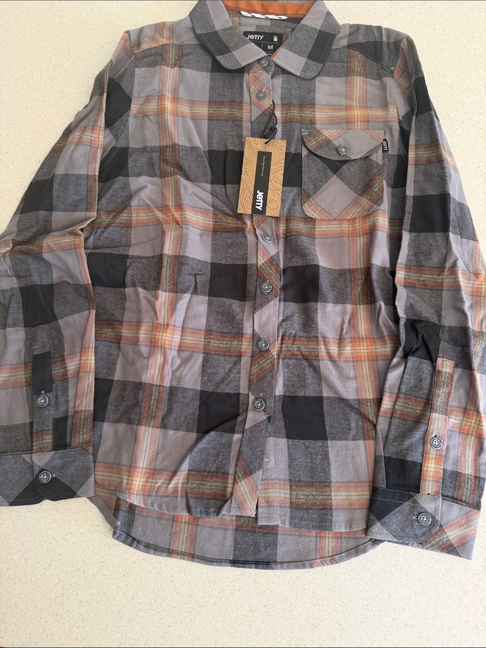 Jetty Plaid Button-Up Shirt Jacket in Gray, black , briwn and Orange Size Med
